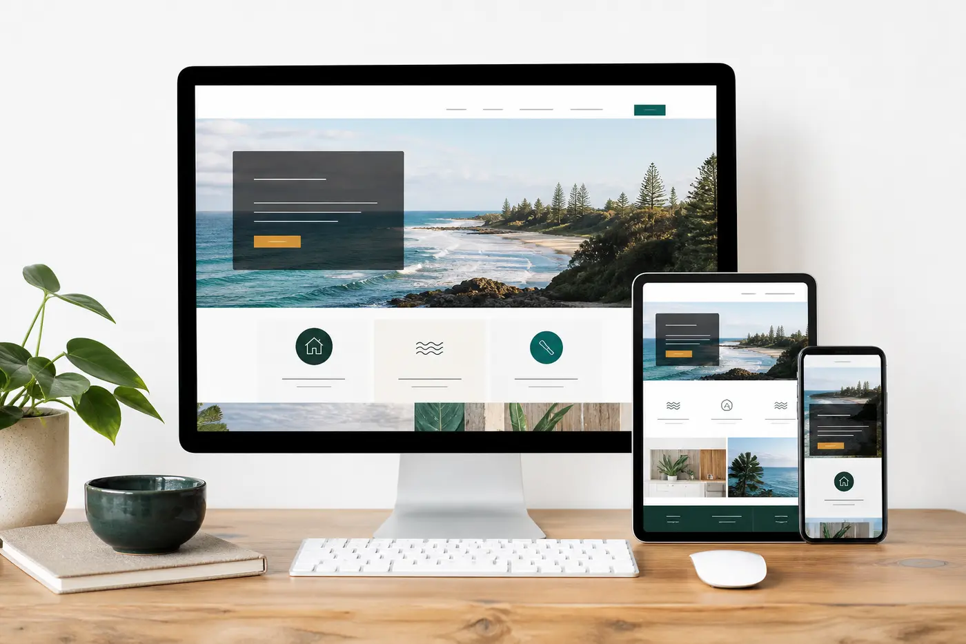 A responsive business website displayed on desktop, tablet and mobile devices